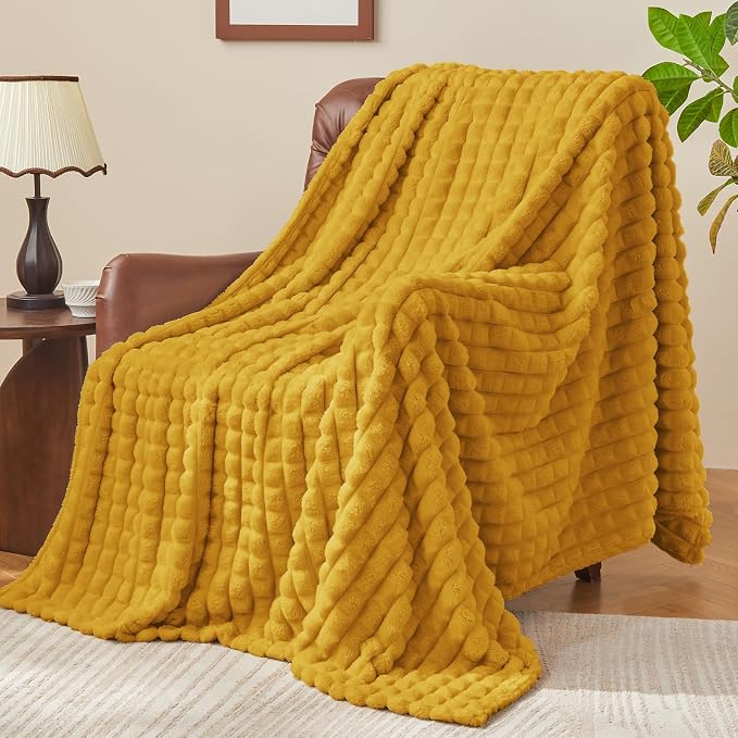BEDELITE Mustard Yellow Checked Fleece Throw Blanket for Couch, 50x70 Inch | Soft Warm Fuzzy Fluffy Blanket for Bed Sofa, Lightweight Plush Cozy Blankets for Home Room Decor, Gift for Women, All Season