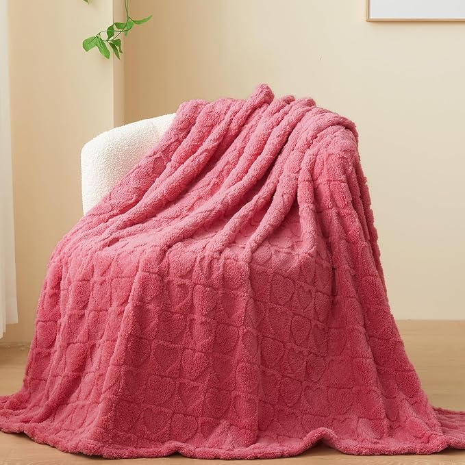NEWCOSPLAY 3D Heart Checkered Flannel Queen Blanket, Coral Pink, 90"x90" | Super Soft Cute Lightweight Decorative Premium Silky Fleece Blanket for Couch Sofa Bed, Gift for Women Men, All Season Use