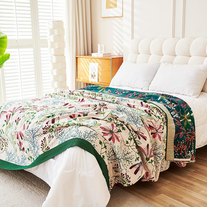 VANJOROY Boho Throw Blanket, 100% Organic Cotton Breathable Ultra Soft 50" x 60" Bed Quilt Throw - All Season Floral Rustic Farmhouse Decor Luxury Reversible Blanket for Sofa Couch Chair and Gift