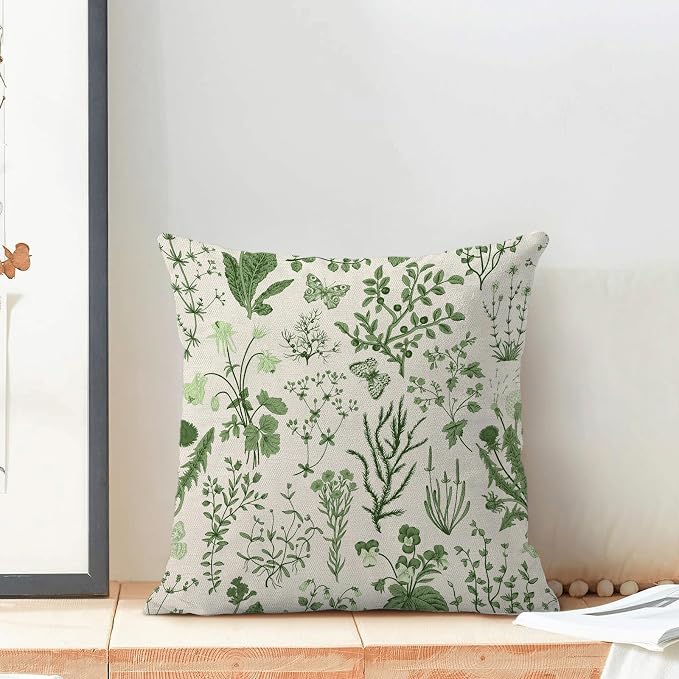AEIOAE Summer Pillow Covers 20x20 Inch Set of 2,Olive Green Wild Flower Plant Throw Pillows Case,Seasonal Floral Outdoor Decorative Square Linen Farmhouse Decor Cushion Covers for Home Sofa Bed Couch