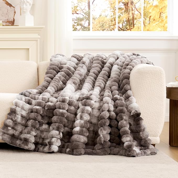 Cozy Bliss Faux Fur Throw Blanket for Couch, Cozy Warm Plush Striped Blanket for Sofa Bedroom Living Room, 50 * 60 Inches Tie-dye Grey