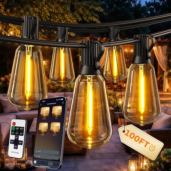 Outdoor String Lights, 100FT Patio Lights for Outside, Smart App & Remote Control with Timer, Dimmable with 4 Scene Modes, Warm White Waterproof LED Bulbs for Garden, Yard and Backyard Decor