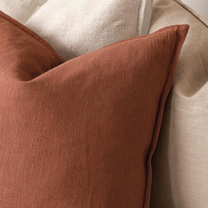 Foindtower Pack of 2, Decorative Linen Solid Throw Pillow Covers Soft Accent Cushion Case Farmhouse Neutral Pillowcase for Chair Couch Sofa Bedroom Living Room Home Decor 26 x 26 Inch Fall Rust Orange