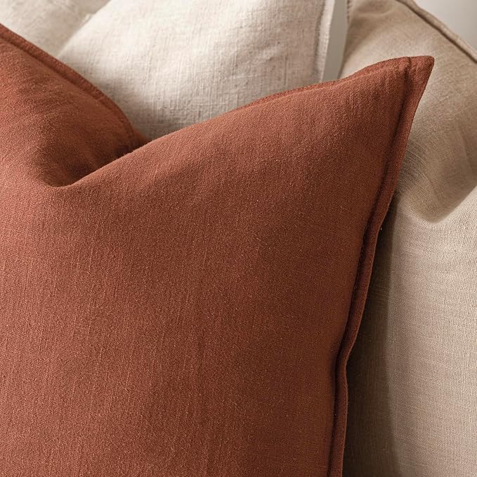 Foindtower Pack of 2, Decorative Linen Solid Throw Pillow Covers Soft Accent Cushion Case Farmhouse Neutral Pillowcase for Chair Couch Sofa Bedroom Living Room Home Decor 16 x 16 Inch Fall Rust Orange