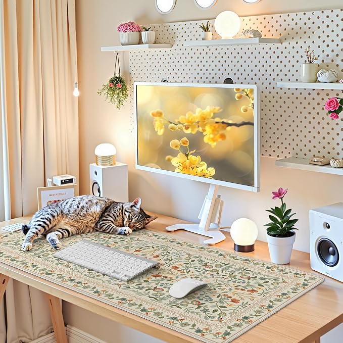 iCasso Desk Mat for Keyboard and Mouse, Large Mouse Pad, 35.4x15.7in,Beige | Back to School Desk Pad Mat, Anti-Slip Big Mousepad with Stitched Edges for Computer Desktop,Smooth Water-Resistant