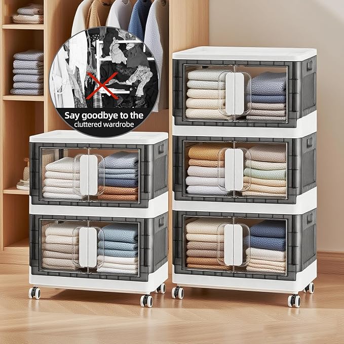 Folding Storage Organizer with Silent casters | Stackable Design for Home & Office, Heavy-Duty Plastic Storage Bin with Clear Door, 3 Sizes (19.5/23.5/27.5in),Black/White (27.6" 4 layer, White)
