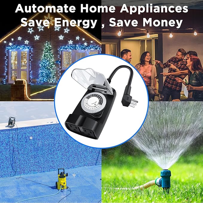 G-ELEK Outdoor Timer Waterproof, 24 Hour Light Timer, Timers for Electrical Outlets, Ideal for Pool Pump, Christmas Lights, Heavy Duty, 2 Grounded Outlets, ETL Listed, Black