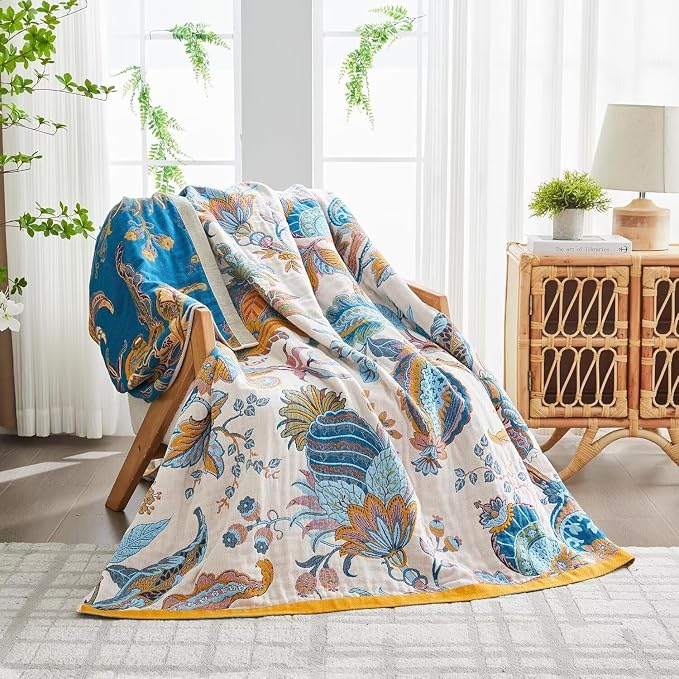 Boho Throw Blanket for Bed 100% Cotton Bohemian Blankets Ultra Soft Woven Muslin Decorative Blankets All Seasons Vintage Quilt Knitted Blanket for Sofa Chair(Beige, 50"x60")