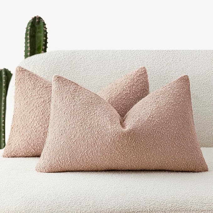 Foindtower Set of 2, Decorative Textured Boucle Throw Pillow Covers Accent Solid Lumbar Pillow Cases Cozy Couch Cushion Case for Chair Sofa Bedroom Living Room Home Decor 12 x 20 Inch Light Pink