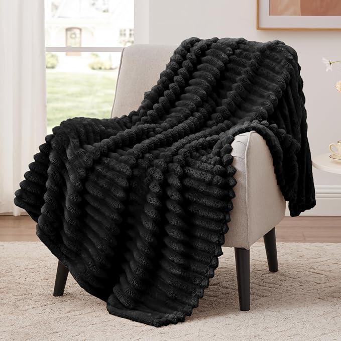 EXQ Home Fleece Throw Blanket for Couch or Bed - 3D Stripe Jacquard Decorative Blankets - Cozy Soft Lightweight Fuzzy Flannel Blanket Suitable for All Seasons(50"×60",Black)