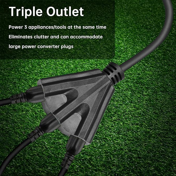 3-Outlets Indoor Outdoor Extension Cord Weatherproof, UL Certified, 16 Gauge 25FT Black 3 Prong Heavy Duty, 16/3 SJTW 13A Power Cord