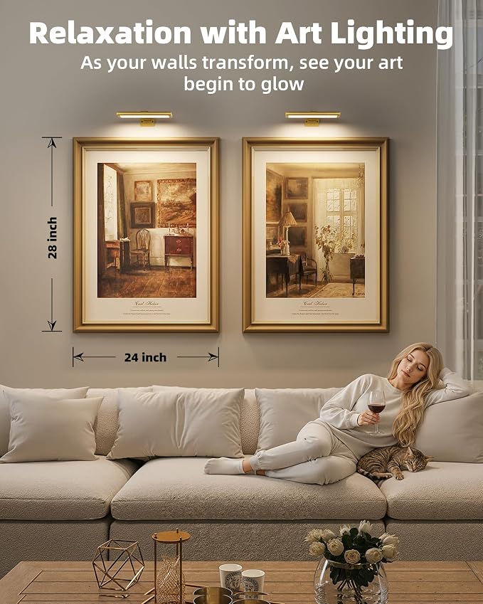EZVALO Picture Light for Wall, Rechargeable 2400mAh Gold Lights Wireless with IR Remote, 3 Color & Dimmable Magnetic 7.87'' LED Lights Display for Painting, Living Room, Gallery, Bedroom Art(3P)