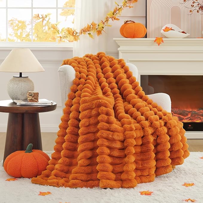 Cozy Bliss Faux Fur Throw Blanket for Couch, Cozy Warm Plush Striped Blanket for Sofa Bedroom Living Room, 50 * 60 Inches Burnt Orange