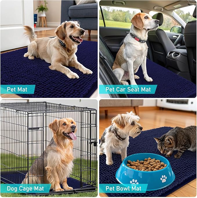 OLANLY Dog Door Mat Set 4-Piece 36x24, Absorbs Moisture and Dirt, Absorbent Non-Slip Washable Doormat, Quick Dry Chenille Mud Mat for Dogs, Entry Indoor Entryway Carpet for Inside Floor, Navy Blue