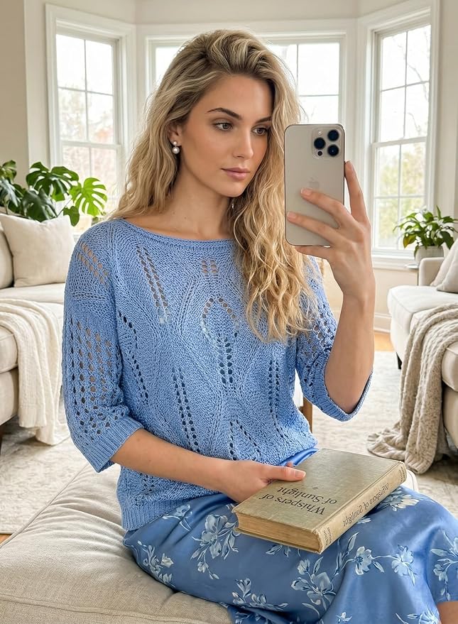EVALESS Womens Crochet Hollow Out Knit Tops Half Sleeve Spring Summer Sweaters Beach Cover Ups for Women Trendy 2026