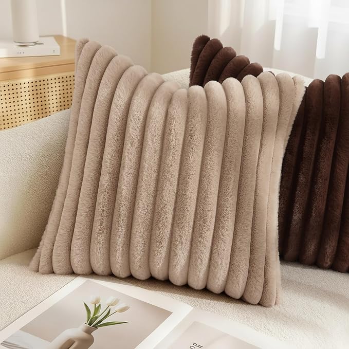decorUhome Fall Faux Fur Throw Pillow Covers 12x20 Set of 2 Khaki Brown | Decorative Soft Cozy Striped Plush Modern Farmhouse Boho Couch Pillow Cases Velvet Back for Sofa Bed Living Room Home Decor