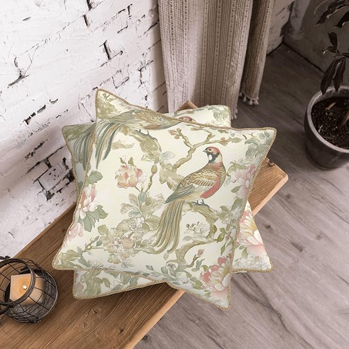 Vintage Cream Chinoiseriel Soft Velvet Throw Pillow Covers Set of 2 Bird Floral Flowers Leaves Decorative Pillow Covers 20x20 Inch Rustic Farmhouse Pillow Case For Sofa Couch Living Room Home Decor