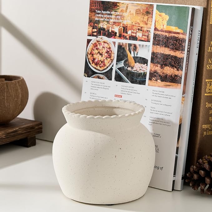 SIDUCAL Ceramic Flower Vase with Wide Mouth Lace, 4.8 Inch Pottery Rustic Farmhouse Boho Vases, Small Terracotta Vase for Home Decor, Table, Living Room, Bathroom, Shelf, Wedding, White