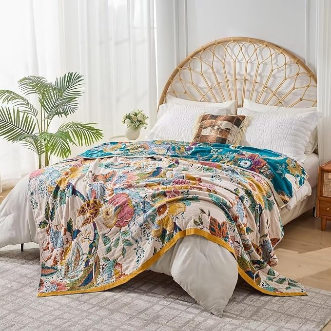 Boho Throw Blanket Farmhouse Decor Throw Blanket Bohemian Blanket for Bed 100% Cotton Muslin Woven Couch Blanket All Seasons Quilt Bedroom (C-Beige, 60"x80")