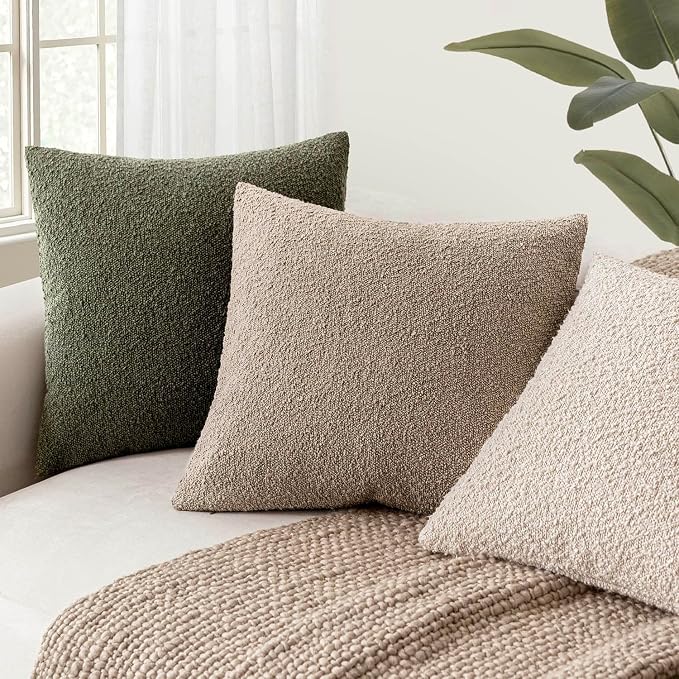 Foindtower Pack of 2 Textured Boucle Throw Pillow Covers Neutral Accent Solid Decorative Pillow Cases Cozy Woven Couch Cushion Case for Sofa Bedroom Living Room Home Decor 20x20 Inch Light Khaki Tan