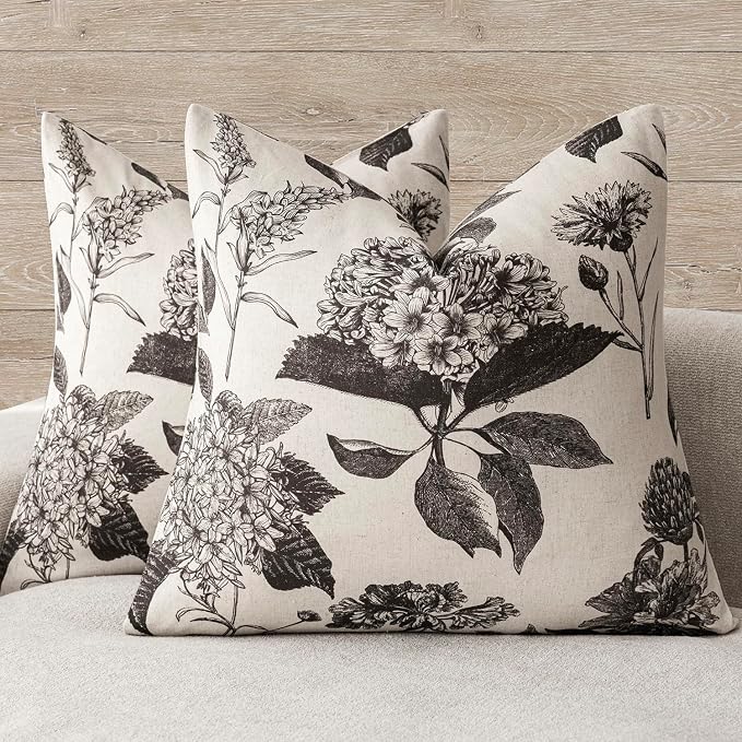 Foindtower Set of 2 Linen Floral Vintage Throw Pillow Covers Neutral Accent Print Decorative Cushion Covers Farmhouse Boho Home Decor for Sofa Chair Couch Bedroom Living Room,18×18 Inch,Black