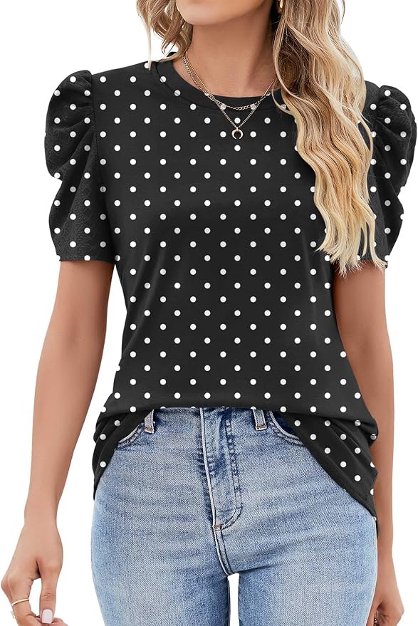 Ivicoer Puff Short Sleeve Shirt for Women Eyelet Tops Summer Crewneck Blouse Loose Fit S-XXL