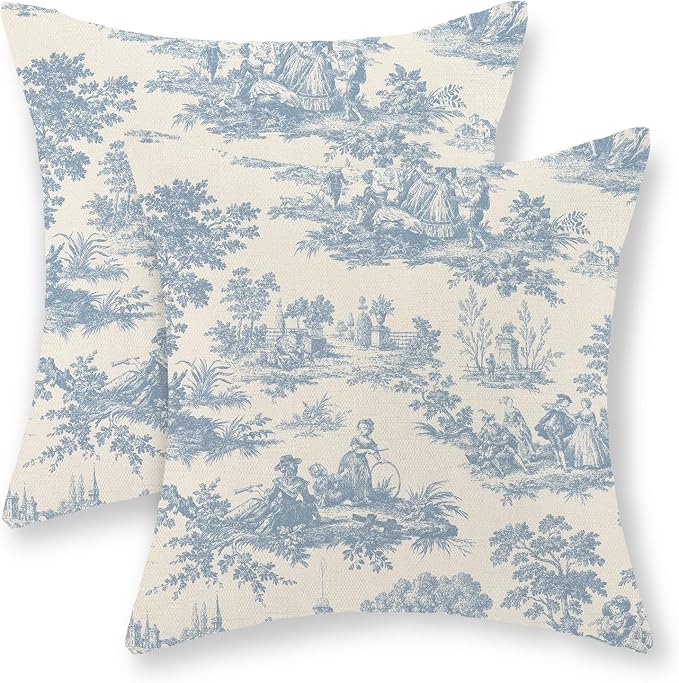 French Country Pillow Covers 20x20 Set of 2 Vintage Baby Blue Toile Throw Pillows Outdoor French Country Decorative Pillowcase Rustic Cottage Farmhouse Cushion Case for Couch Living Room Decor