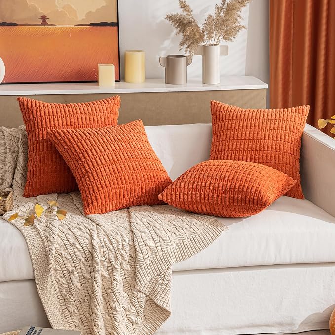 MIULEE Fall Pack of 2 Orange Corduroy Decorative Pillow Covers 18x18 Inch Soft Boho Striped Throw Pillow Covers Modern Farmhouse Home Decor for Halloween Thanksgiving Sofa Living Room Couch Bed