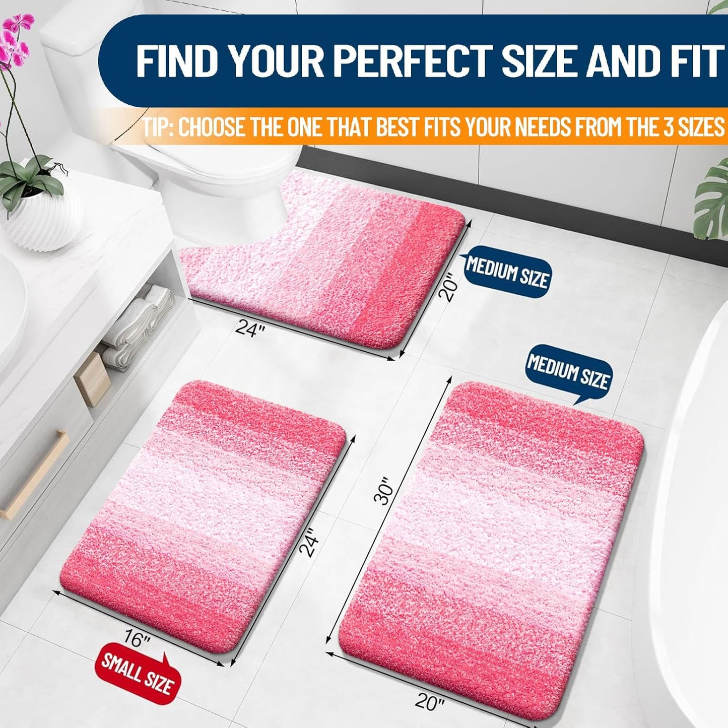 OLANLY Bathroom Rug Mat 24x16, Extra Soft and Absorbent Microfiber Bath Rugs, Non-Slip Plush Shaggy Bath Carpet, Machine Wash Dry, Bath Mats for Bathroom Floor, Tub and Shower, Pink