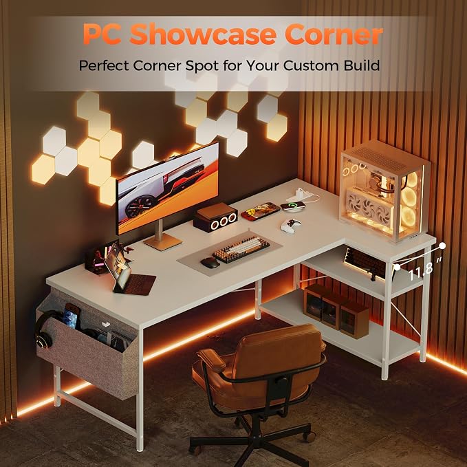 Mericonia 55 inch L Shaped Gaming Desk, Large Corner Desk with Shelves | Reversible Computer Desk with Power Outlets & Storage Bag, Office Table for Home Bedroom Study Work Writing