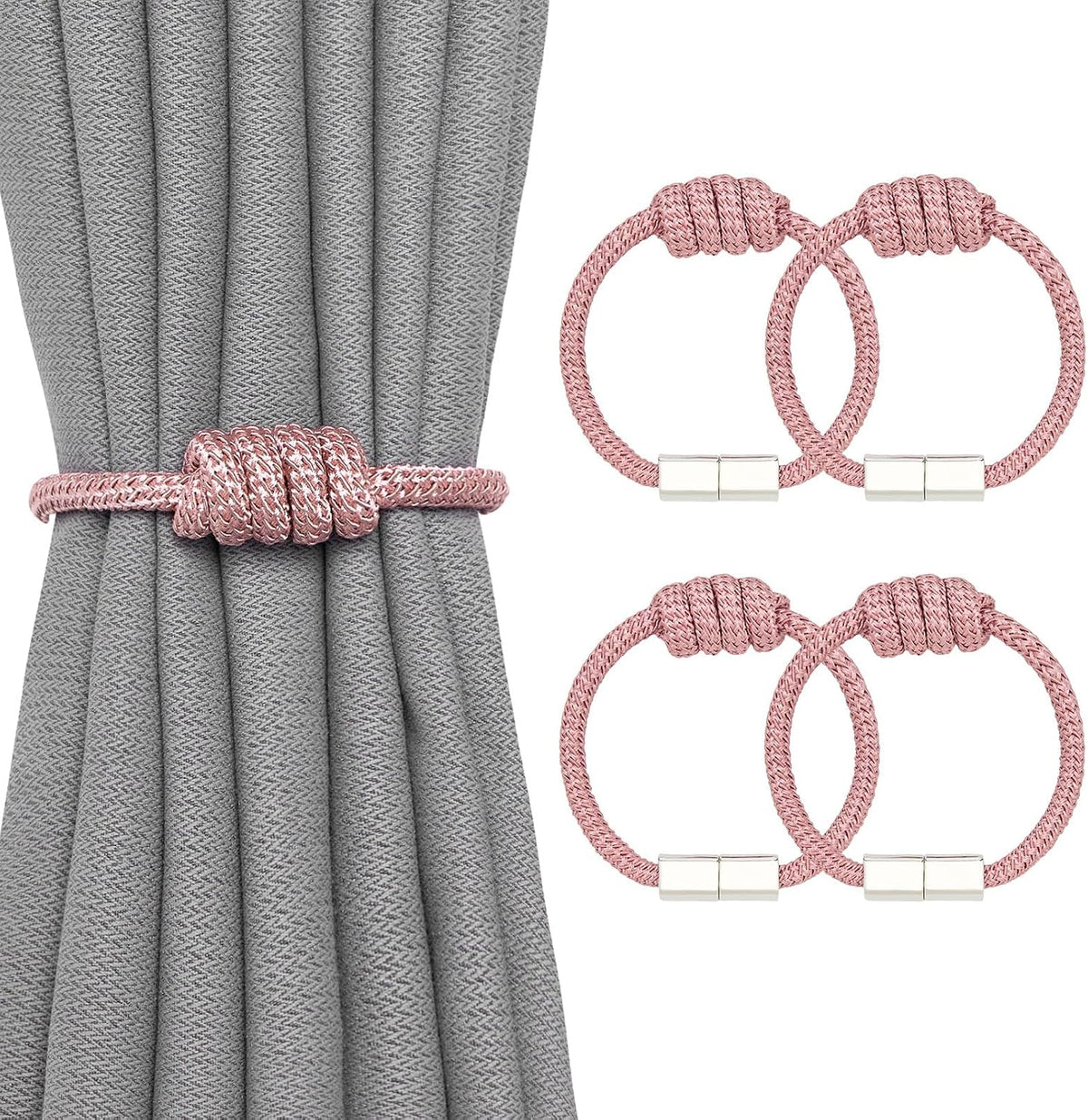 NICEEC 2 Pack Mini Magnetic Curtain Tiebacks Modern Simple Style Drape Tie Backs Elegant Hand Weave Rope Knot Decorative Curtain Holdbacks for Home & Office Window Drapery (Pink)