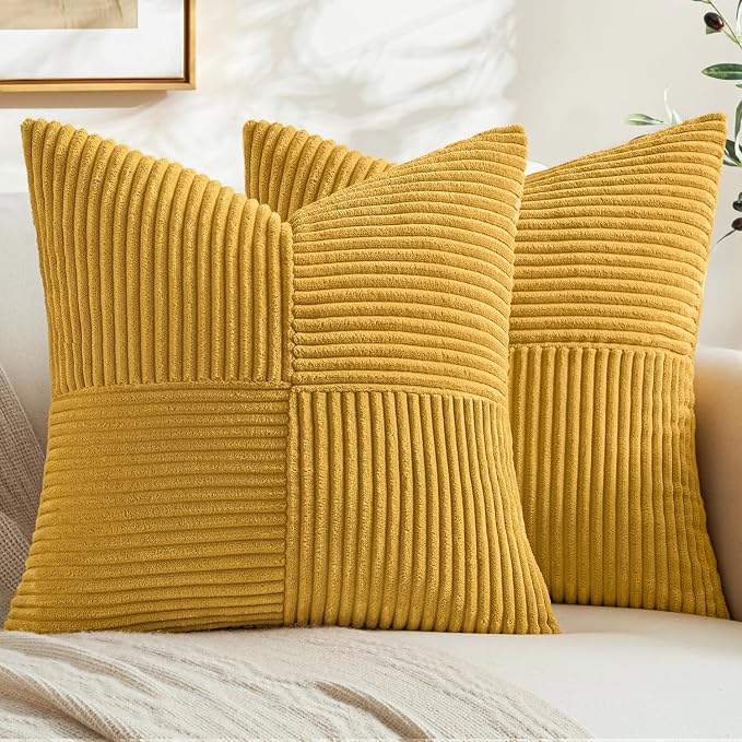 MIULEE Mustard Yellow Decorative Throw Pillow Covers for Couch 18x18 Inch | 2 Pack, Boho Farmhouse Pillow Covers, Soft Cross Corduroy Patchwork Textured Cushion Cases For Bed Sofa