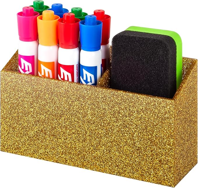 BEYGORM Magnetic Dry Erase Marker Holder for Whiteboard & Refrigerator | Non-slip Acrylic Pen Holder for Classroom, Fridge Magnet, Locker Organizer Accessories, Teacher & School Supplies(Gold)