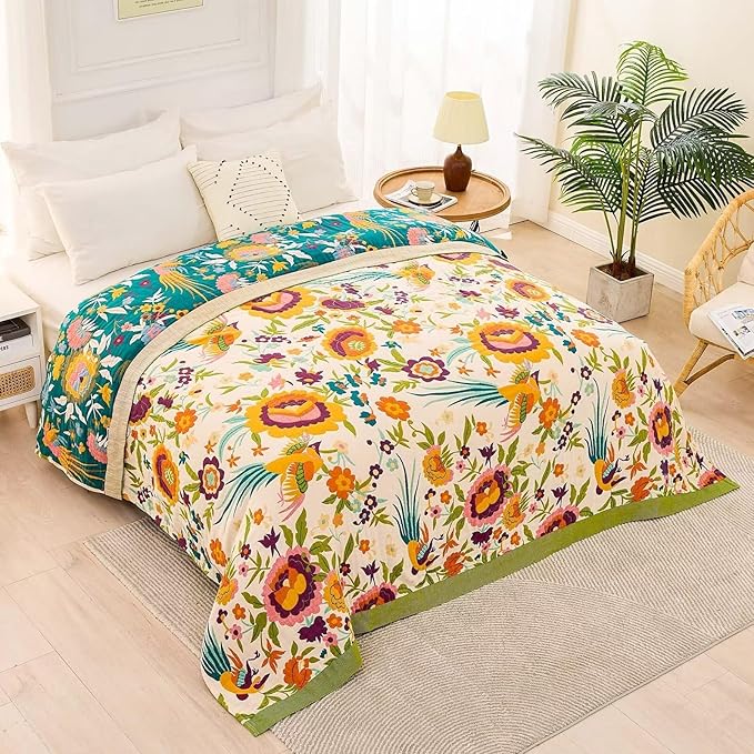 XIBLC Boho Throw Blanket for Bed, 100% Cotton Soft Rustic Quilt Fall Blanket, 90"x98" Floral Printed Farmhouse Decor Bed Blankets, All Season Rustic Reversible Bohemian Throw Quilt