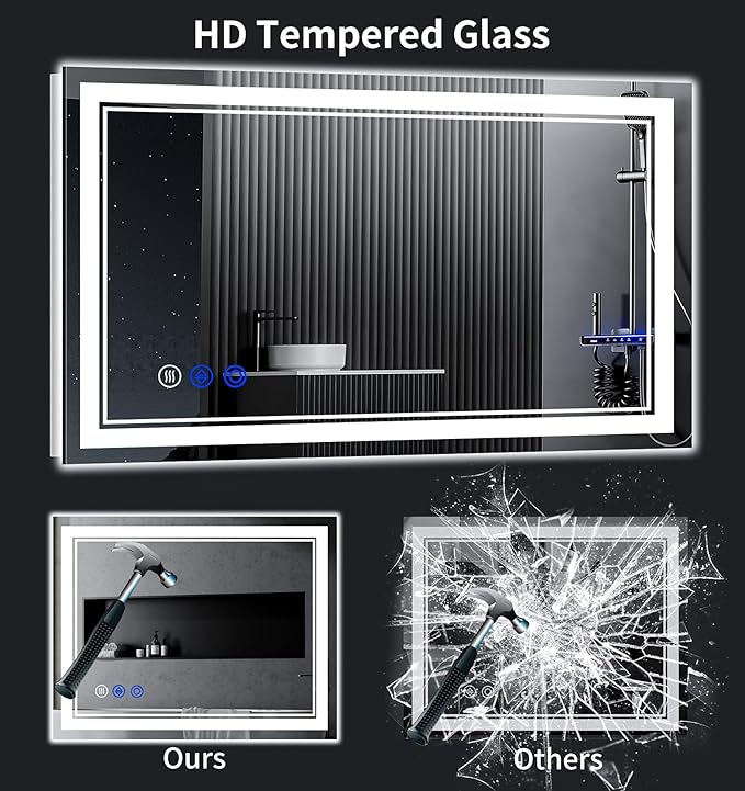 48"x32" LED Bathroom Mirror with Anti-Fog, Stepless Dimmable Lights, 3 Color Modes, Shatter-Proof Tempered Glass,Waterproof Design
