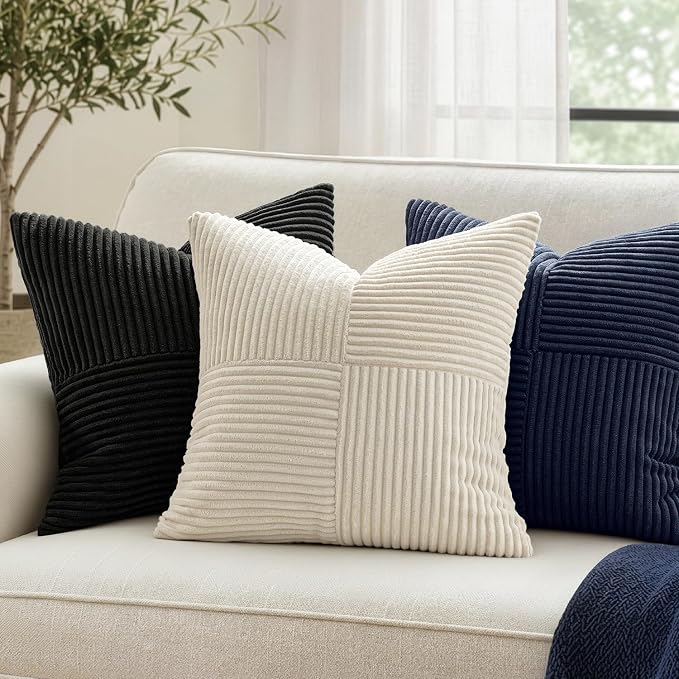 MIULEE Black Decorative Throw Pillow Covers for Couch 18x18 Inch | 2 Pack, Boho Farmhouse Pillow Covers, Soft Cross Corduroy Patchwork Textured Cushion Cases For Bed Sofa