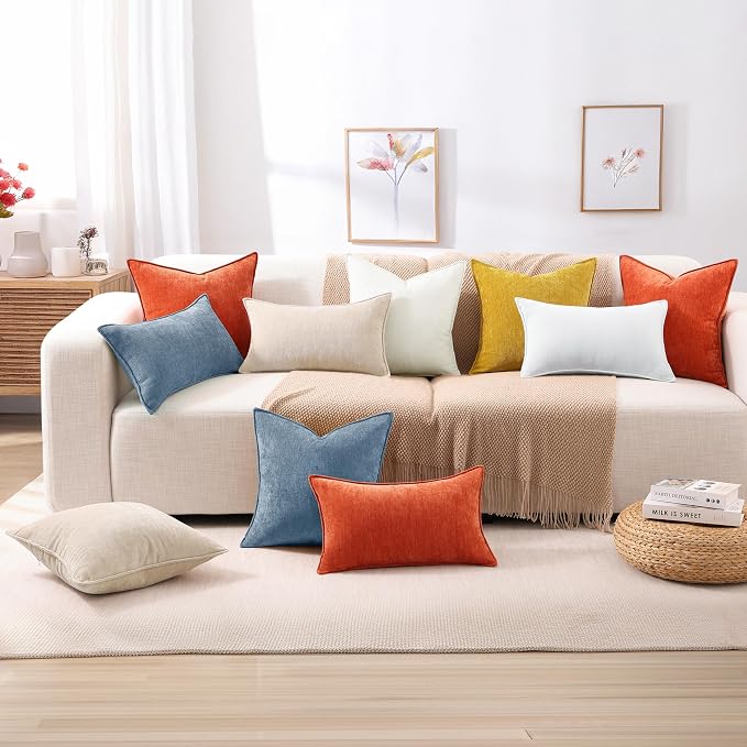 decorUhome Chenille Blue Grey Velvet Throw Pillow Covers 22x22 Set of 2 | Fall Soft Euro Sham Couch Decorative Modern Farmhouse Pillow Cases with Elegant Design for Sofa Bed Living Room Home Decor
