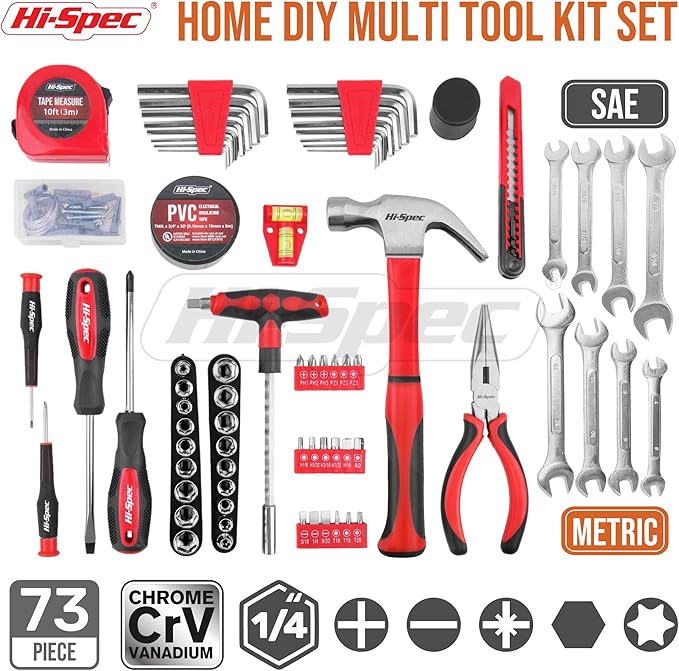 Hi-Spec 73pc Home and Garage Tool Kit Set. Essential Household and Auto Repair Tools. Includes Pliers, Sockets, Wrenches and a Hex Key Set in a Toolbox Carry Case