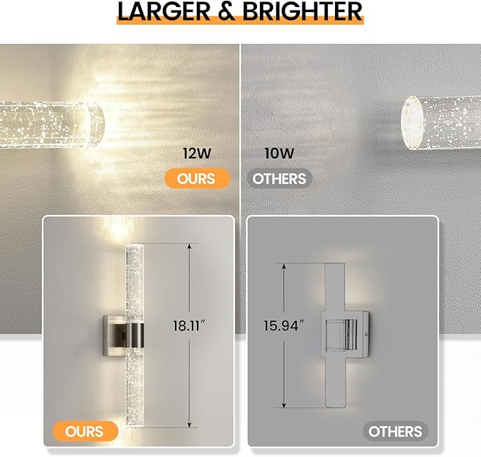 Modern LED Wall Sconces Set of Two - 4000K Dimmable Crystal Bathroom Sconces Wall Lighting Indoor Brushed Nickel Vanity Light Fixture Wall Mount Wall Lights for Bedroom Living Room,18 Inch