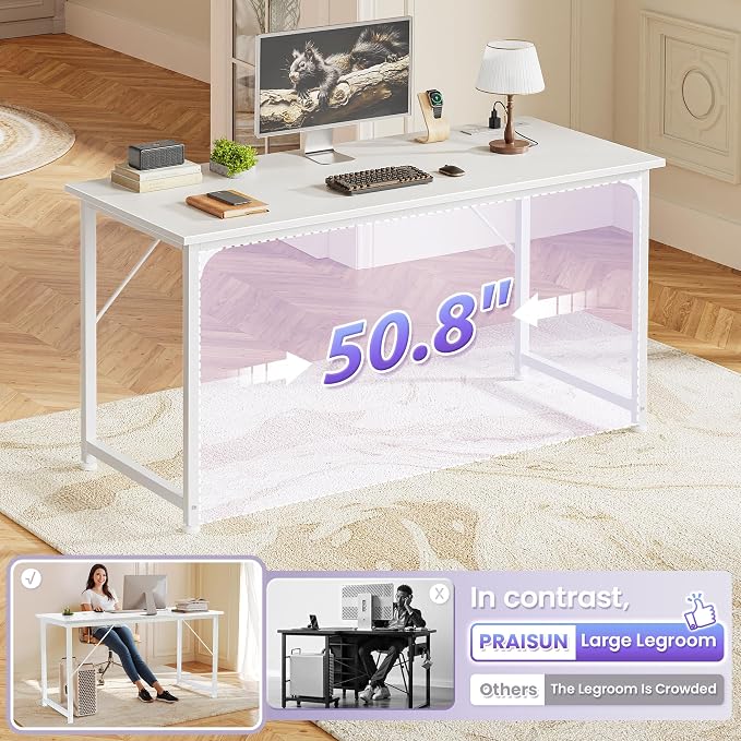 PRAISUN 55 X 20 Inch Computer Desk, Power Outlets, USB-C, White | Office Desk with 4 AC Outlets, USB & USB-C, Sturdy Metal Frame, Spacious Desktop for Work, Writing, Study & Gaming