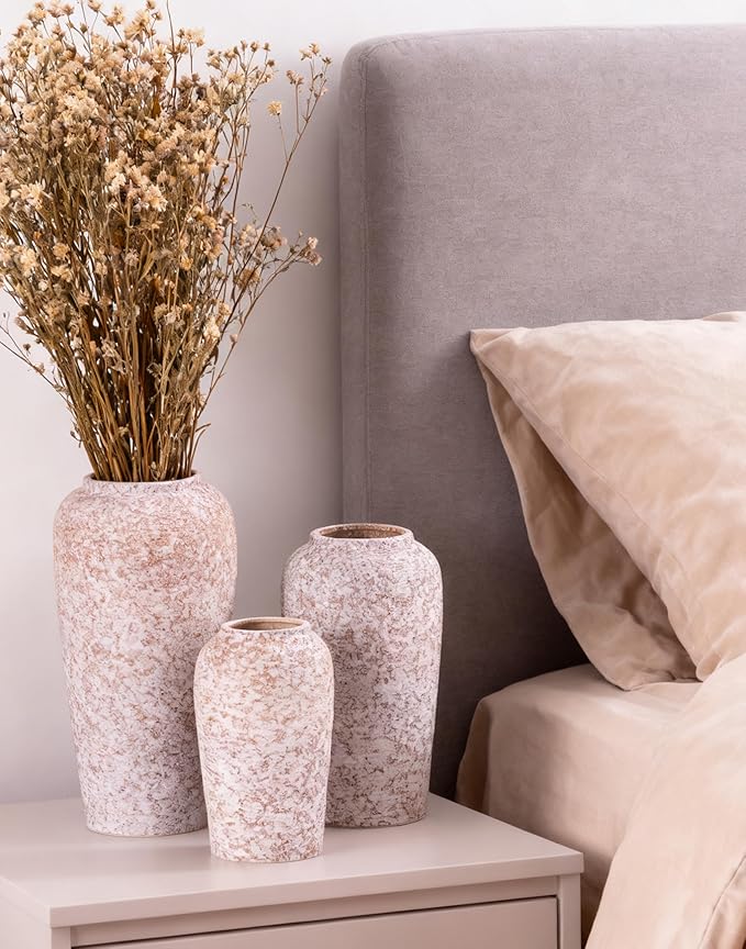 Stone Vase Set 3 Modern Decor Ceramic Vases Rustic Farmhouse Home Tea Table Office Room Desk Large Vases Ornament Pottery