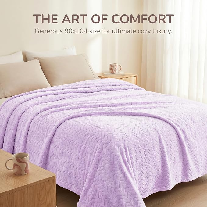 Exclusivo Mezcla Soft Fleece Blanket Twin Size for Bed, Sofa, Lilac Purple | 90"x66" Breathable Lightweight Flannel Blanket for Summer, Plush Cozy Jacquard Wave for Home Decor