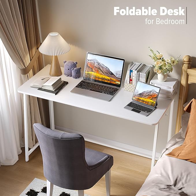 WOHOMO Folding Desk, 47.2" Foldable Computer Desk for Bedroom, Space Saving Computer Table Writing Workstation for Home Office, Easy Assembly, White | Easy Assembly and Fold, Sturdy Home office desks for Study Bedroom Dorm Space Saving Writing Work Apa...
