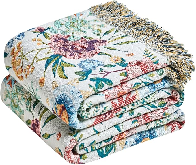 LUTBM Boho Throw Blanket for Couch 50"x60", Cotton Decorative Bed Throw | Reversible Floral Jacquard, All-Season Blankets, For Chair Sofa Living Room Decor, Lightweight Breathable Gauze, Women Gifts