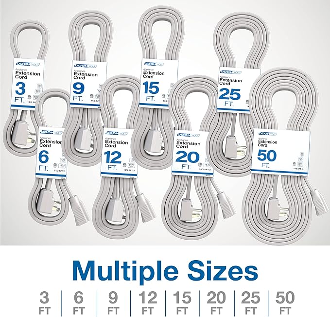 Appliance Extension Cord - 12ft Heavy Duty Gray Extension Wire for Air Conditioner, Refrigerator, & All Major Appliances - 14 Gauge High Voltage 3 Prong Flat-End Appliance Cord, for Indoor use