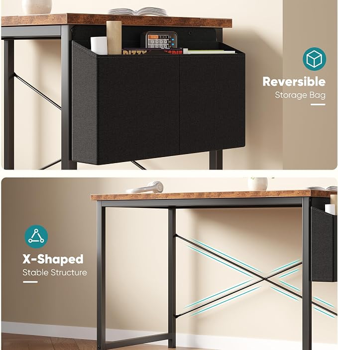OLIXIS Computer Desk, 47 Inch Gaming Desks for Home Office Small Spaces | Writing Study Craft Work Table, Computer Workstation for Bedroom with Storage Bag, Rustic Brown