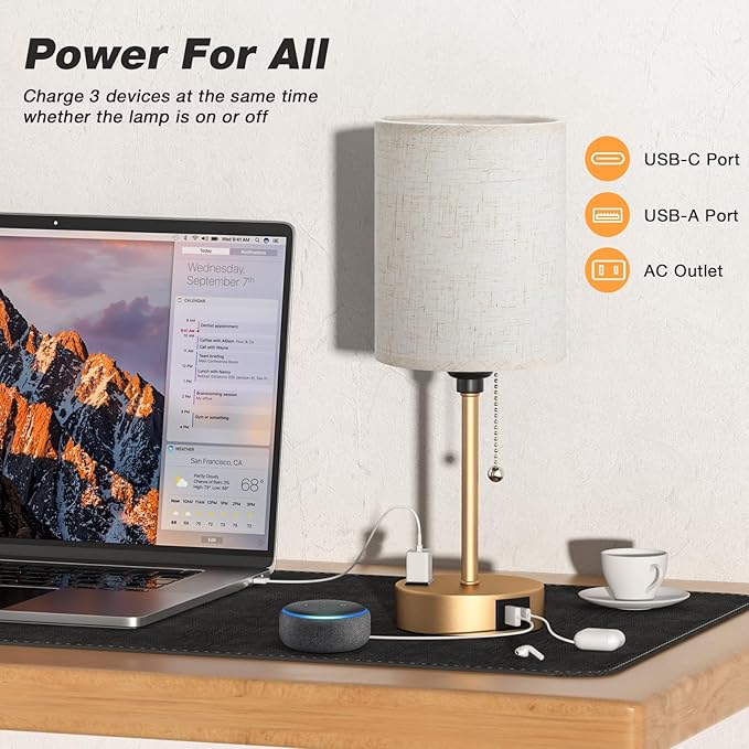 Dicoool Elegant Gold Bedside lamp for Bedroom - 3 Color Temperatures Small Table Lamp with USB C and A Ports, Pull Chain Table Lamps with AC Outlet, Cream Nightstand Lamps for Kids Reading Study