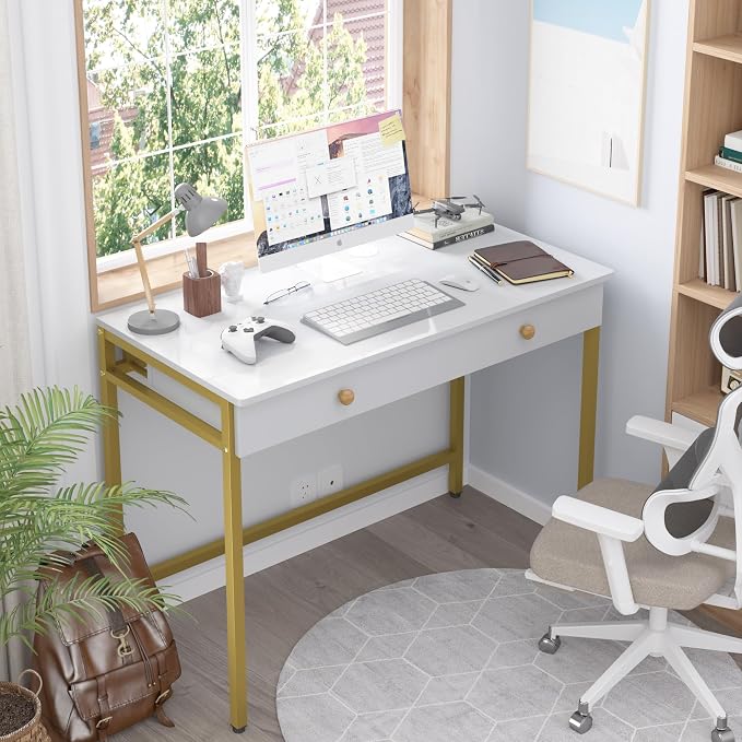 Weehom Computer Desk with Drawers, Home Office Workstation, White Gold | Sturdy and spacious workstation for writing, studying and gaming, Suitable for PC and laptop use