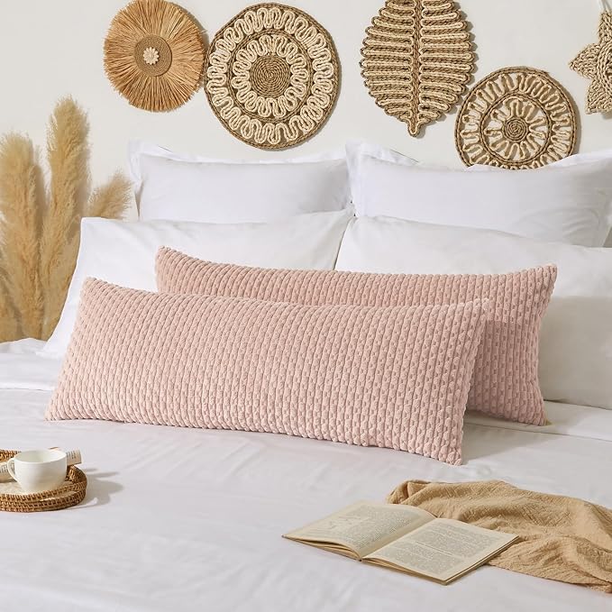 Kevin Textile Soft Corduroy 20"x54" Body Pillow Cover 1 Pack, Light Pink | Boho Stripe Plush Corduroy Decorative Oblong Cushion Cover Modern Farmhouse Home Decor for Sofa Couch Bed Chair