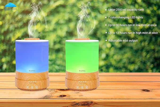 BlueHills Premium 2500 ML Set of 2 Extra Large Essential Oils Diffusers for Big Rooms High Mist Output XL Huge Capacity Adjustable Cool Mist Great Gift – Wood Grain and a Design